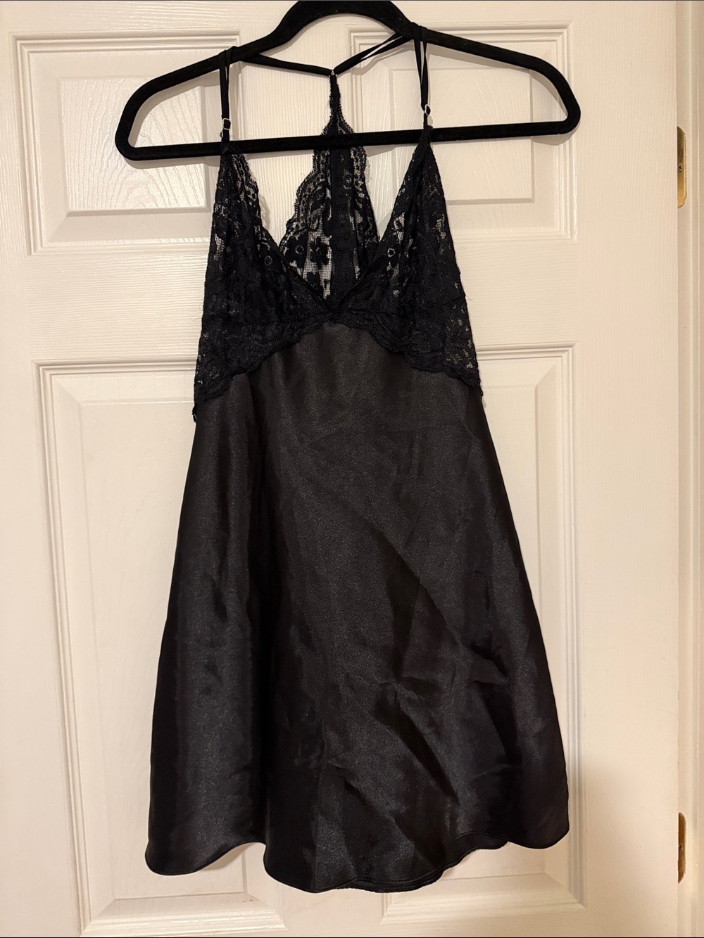 Lace Trim Satin Chemise in Black
